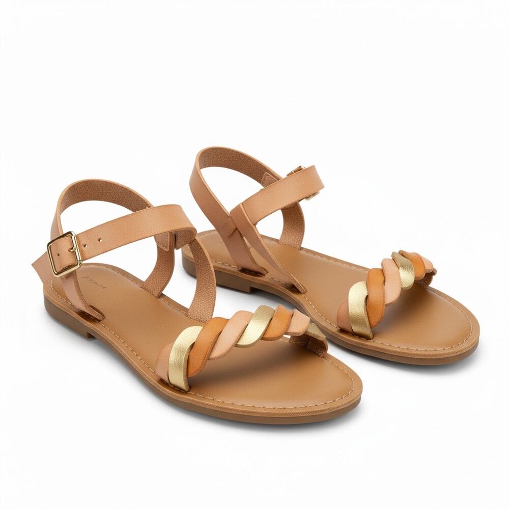 Gap Kids Girls Sandals Size 1 Braided Straps Gold Tan Buckle Flat Sandals